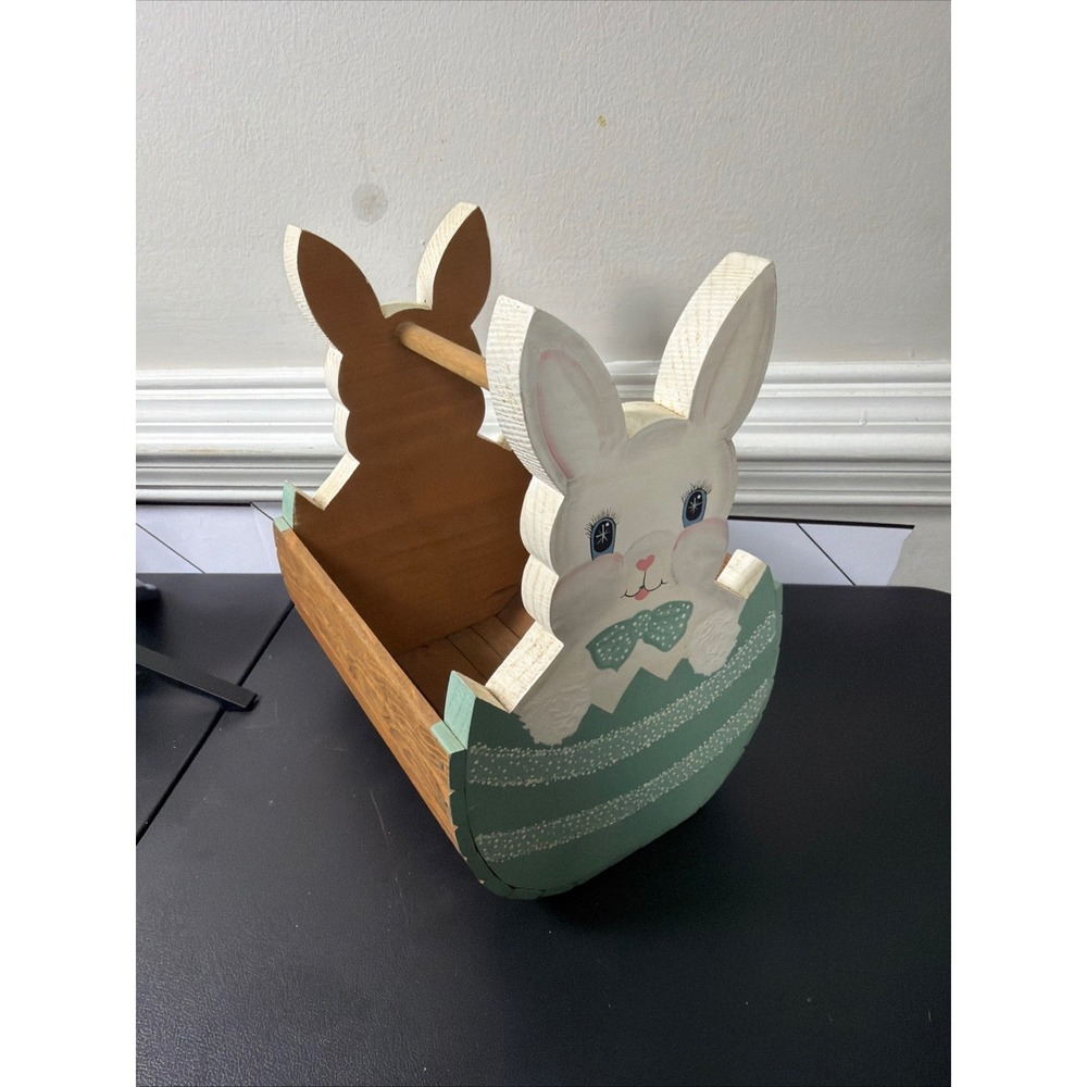 VTG Easter Bunny Basket Teal White Wood Caddy Hand Painted Cottagecore gift